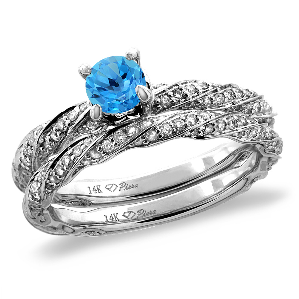 14K White/Yellow Gold Diamond Natural Swiss BlueTopaz 2pc Twisted Engagement Ring Set Round 4 mm, size5-10