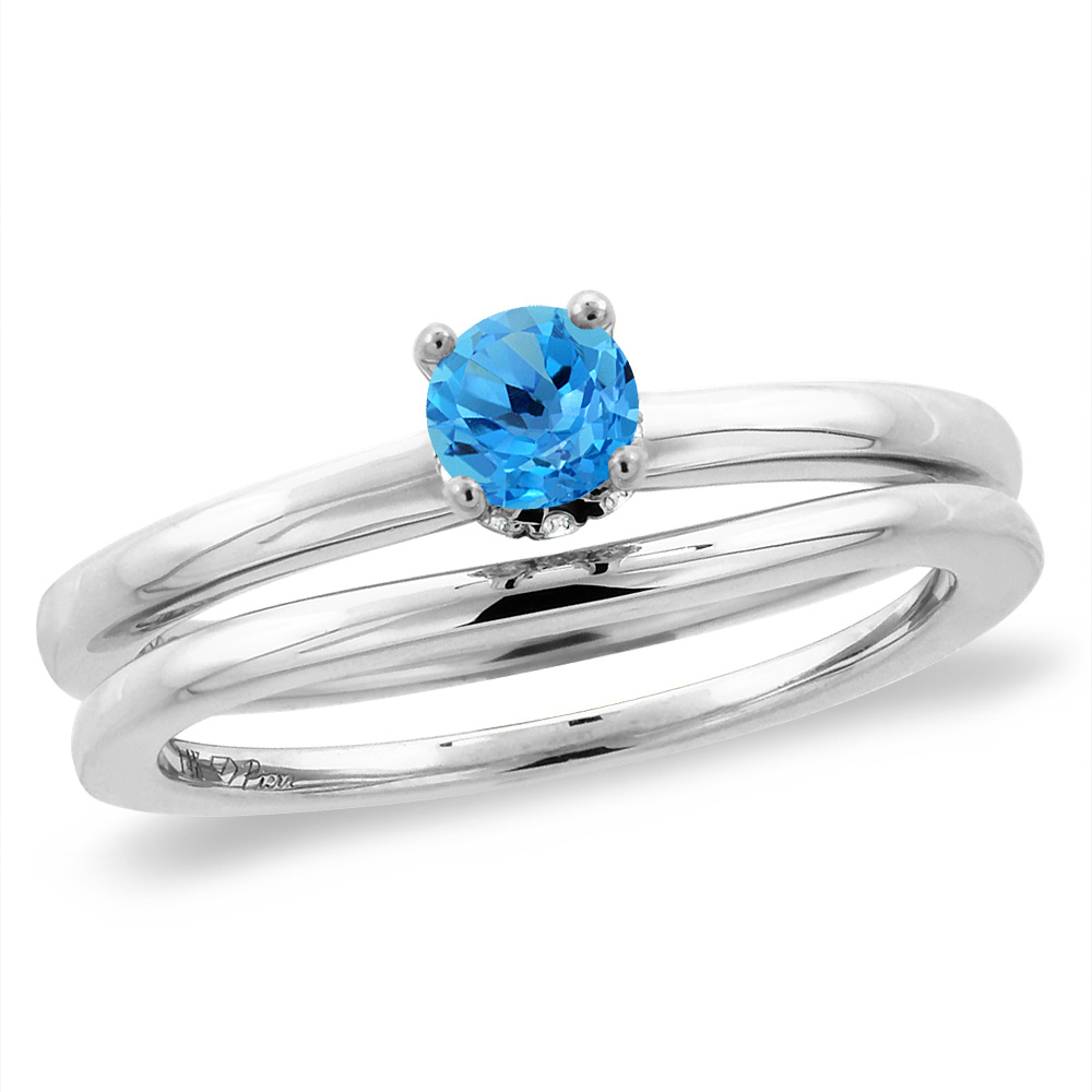 14K White Gold Diamond Natural Swiss BlueTopaz 2pc Solitaire Engagement Ring Set Round 4mm,size5-10