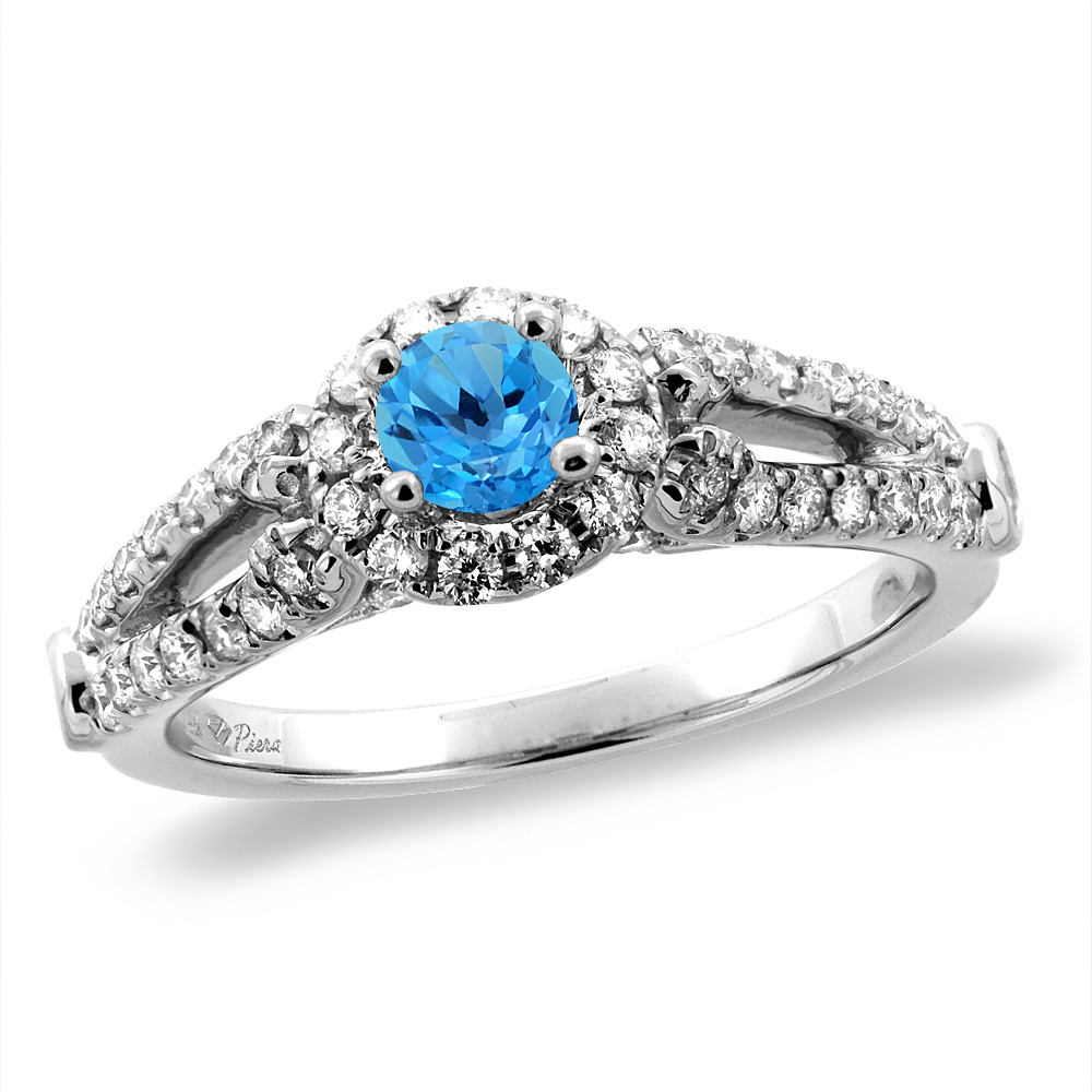 14K White/Yellow Gold Diamond Natural Swiss Blue Topaz Halo Engagement Ring Round 4 mm,size 5 -10