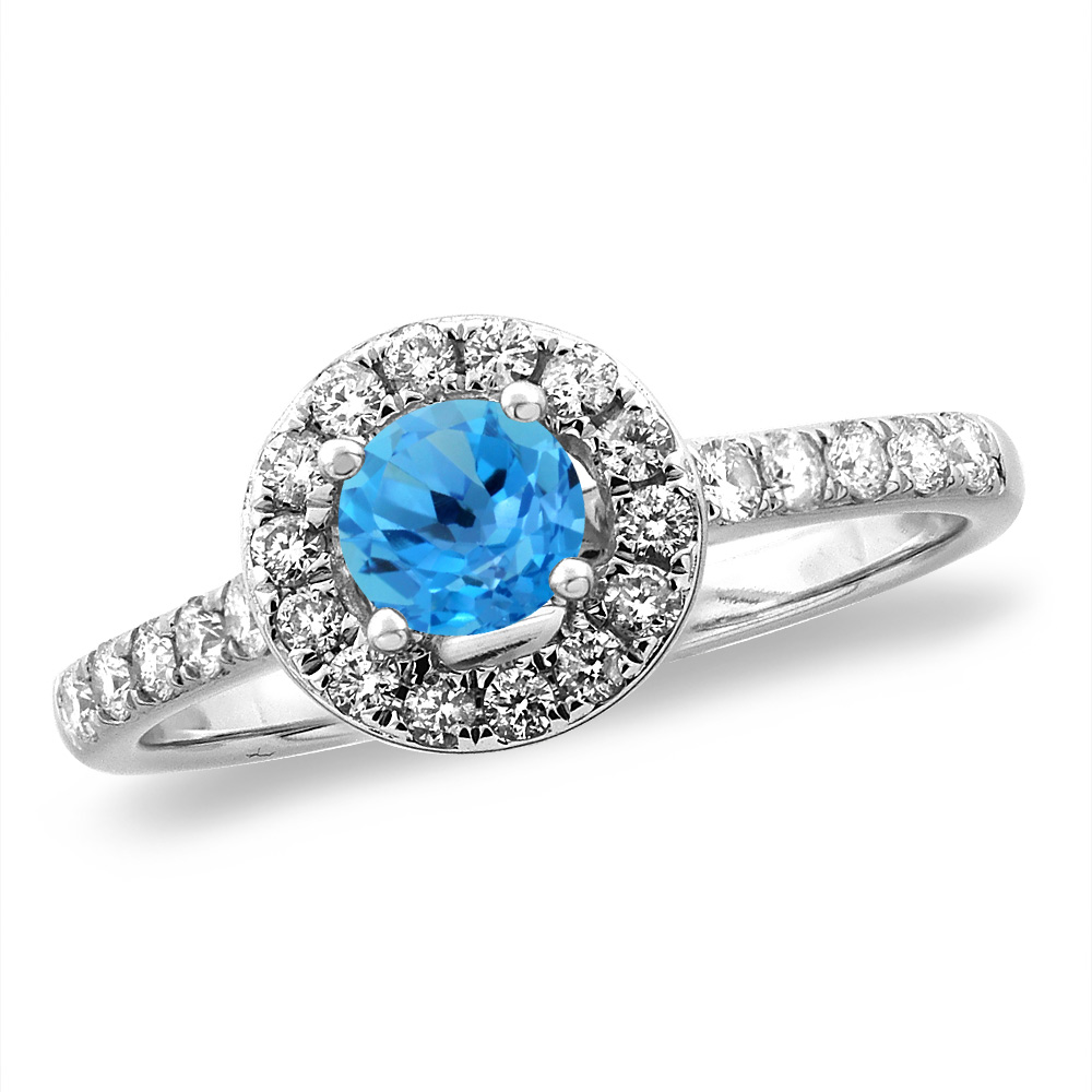 14K White/Yellow Gold Diamond Natural Swiss Blue Topaz Halo Engagement Ring Round 4 mm,size 5 -10