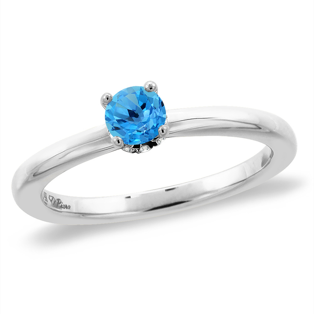 14K White Gold Diamond Natural Swiss Blue Topaz Solitaire Engagement Ring Round 6 mm, sizes 5 -10