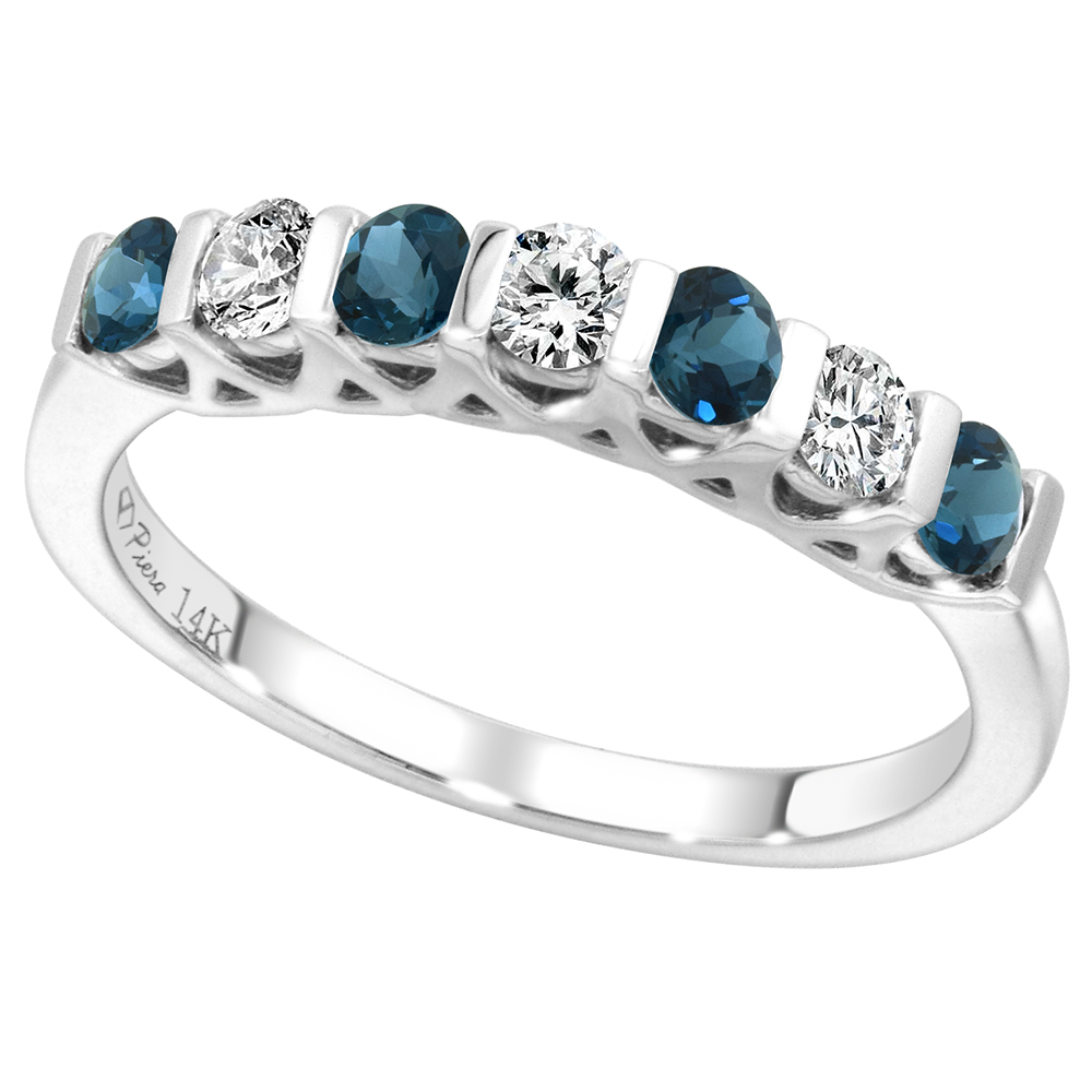 14k White Gold Genuine London Blue Topaz & Diamond 7-Stone Ring Round Brilliantcut 0.3cttw 2.8mm,size5-10