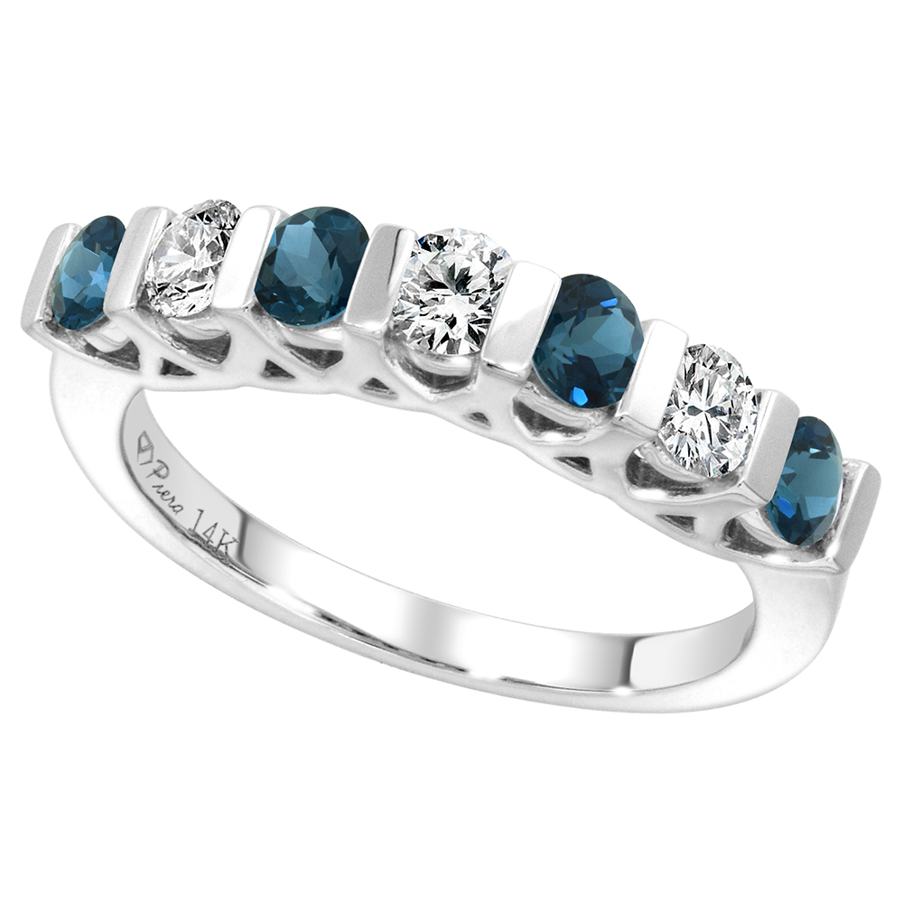 14k White Gold Genuine London Blue Topaz & Diamond 7-Stone Ring Round Brilliant cut 0.35cttw 3mm,size5-10