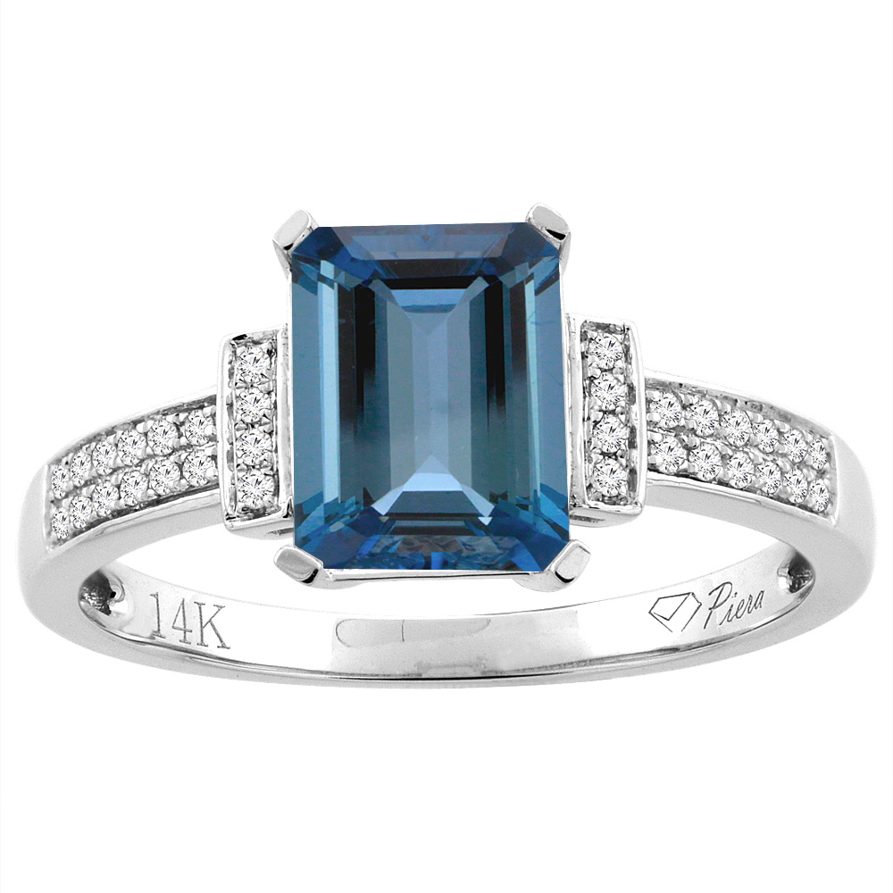 14K Gold Natural London Blue Topaz Ring Octagon 8x6 mm Diamond Accents, sizes 5 - 10