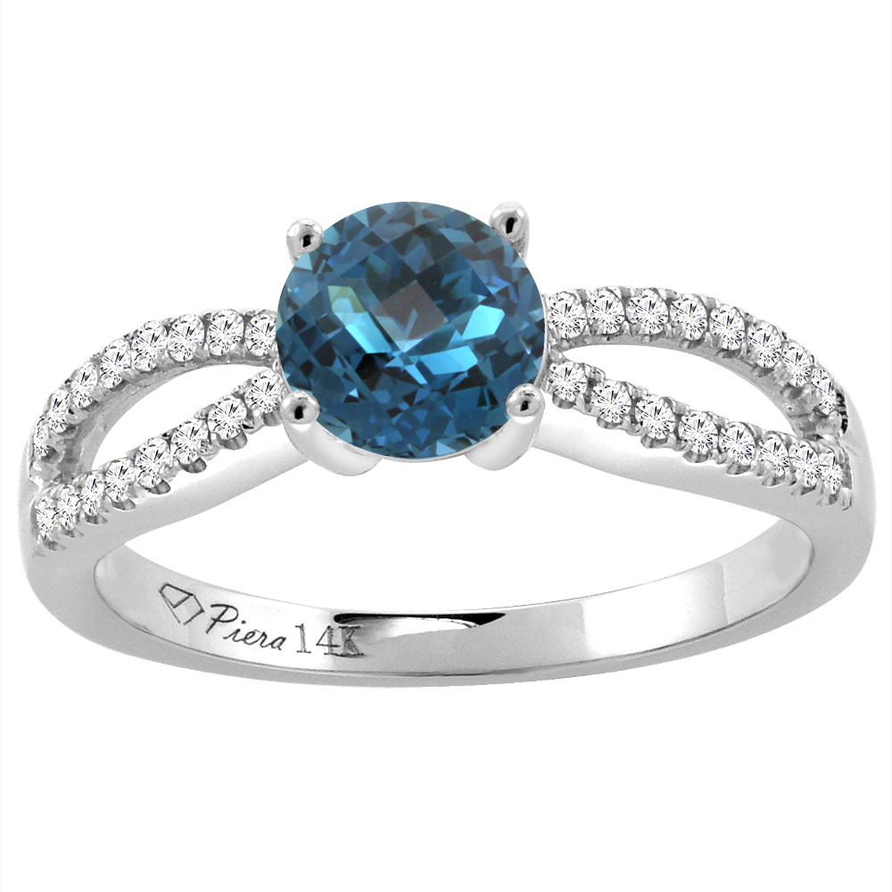 14K White Gold Diamond Natural London Blue Topaz Engagement Ring Round 7 mm, sizes 5-10
