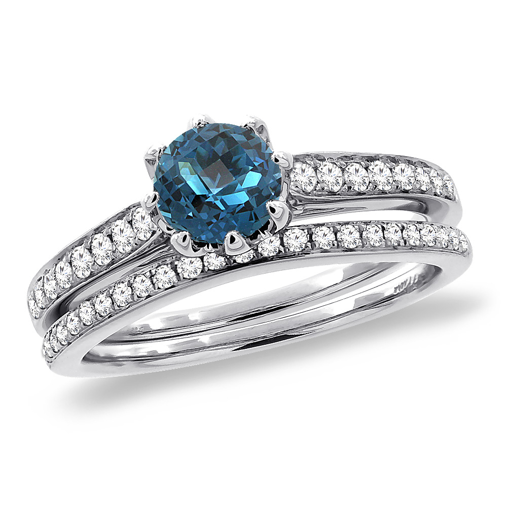 14K White Gold Diamond Natural London Blue Topaz 2pc Engagement Ring Set Round 5 mm,size5-10