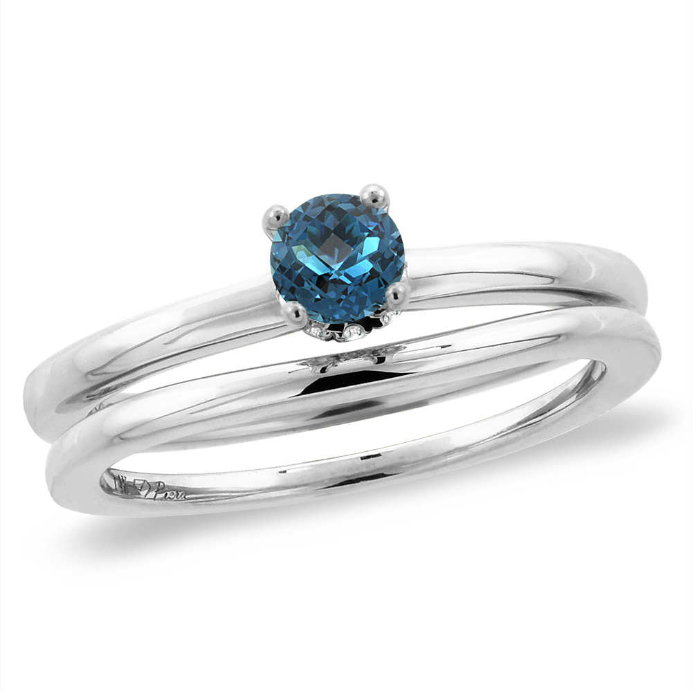 14K White Gold Diamond Natural London Blue Topaz 2pc Solitaire Engagement RingSet Round5mm,size5-10