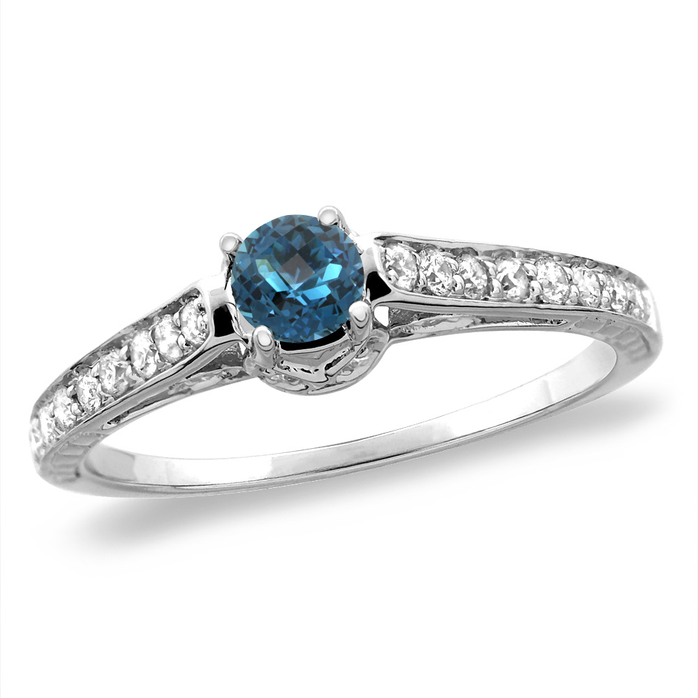 14K White/Yellow Gold Diamond Natural London Blue Topaz Engagement Ring Round 5 mm, size 5-10