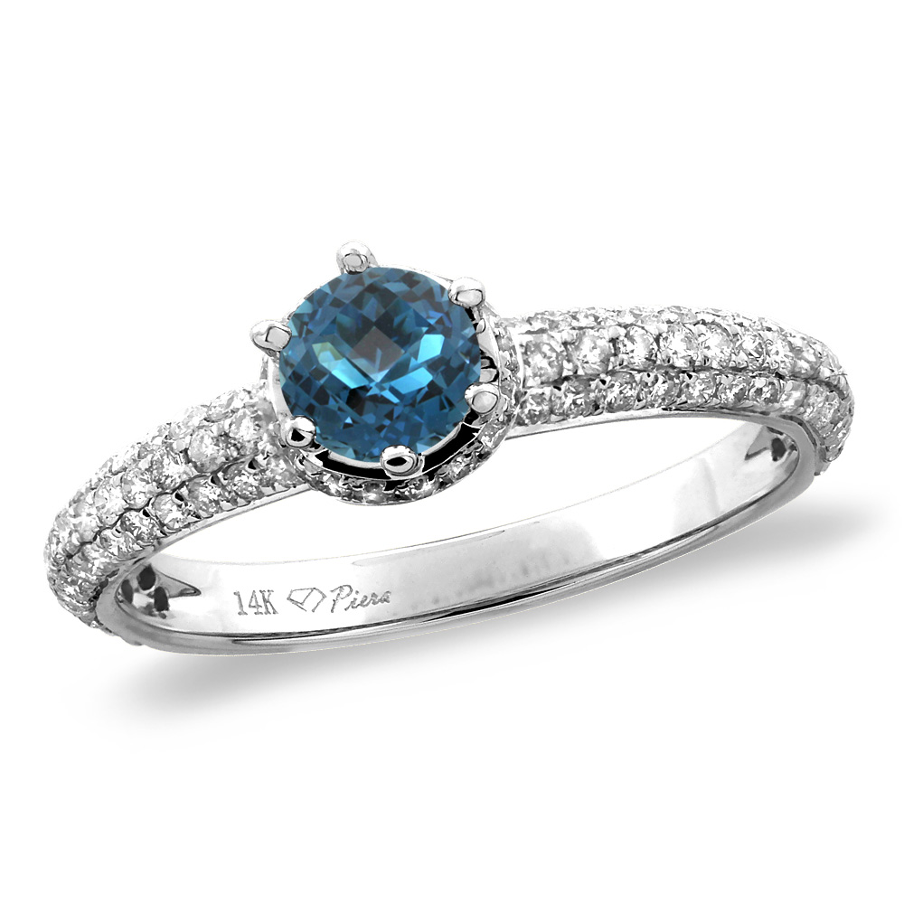 14K White/Yellow Gold Diamond Natural London Blue Topaz Engagement Ring Round 5 mm, size 5-10