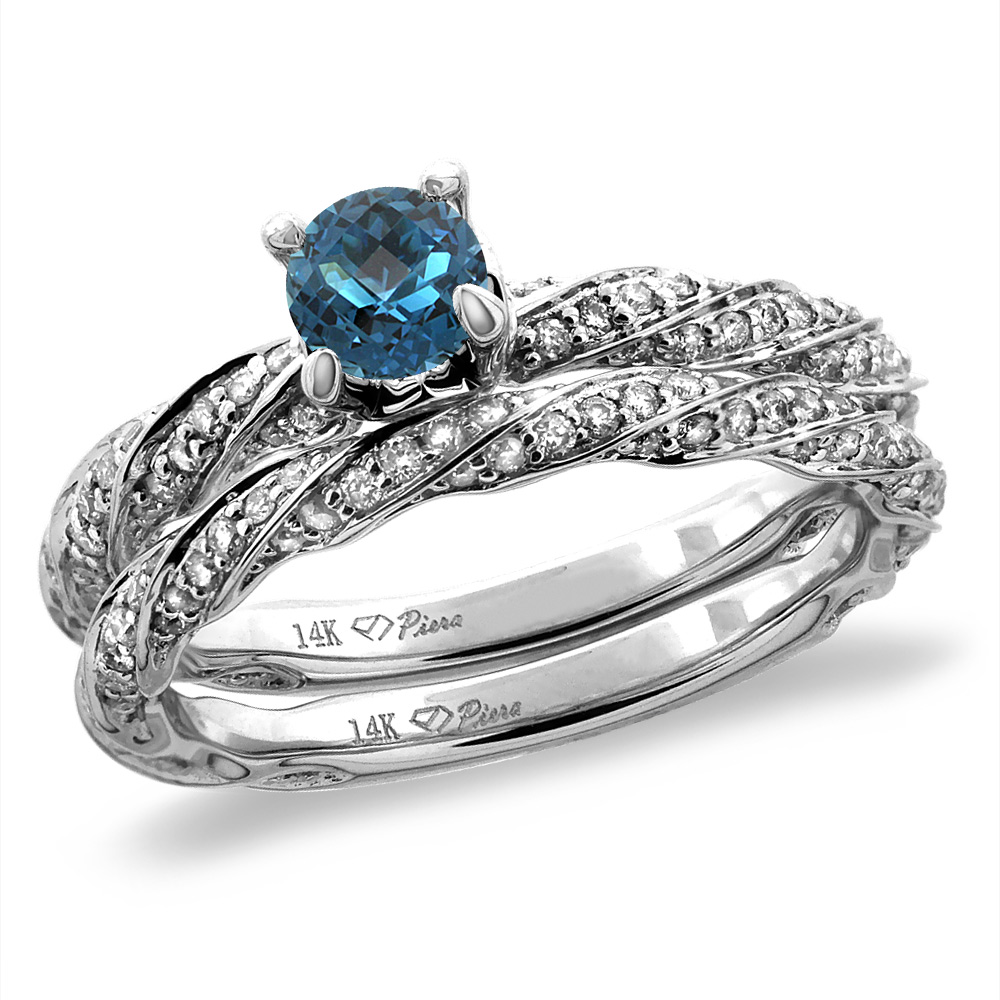 14K White/Yellow Gold Diamond Natural London BlueTopaz 2pc Twisted Engagement Ring Set Round 4mm, size5-10