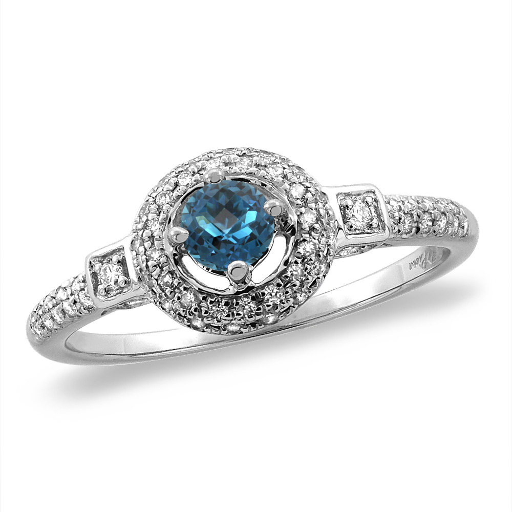 14K White/Yellow Gold Diamond Natural London Blue Topaz Halo Engagement Ring Round 4 mm,size 5 -10