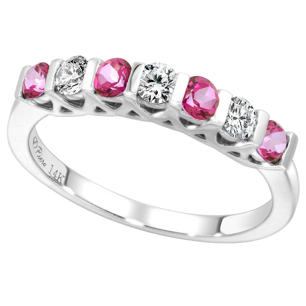 14k White Gold Genuine Pink Topaz & Diamond 7-Stone Ring Round Brilliant cut 0.3cttw 2.8mm, size 5-10