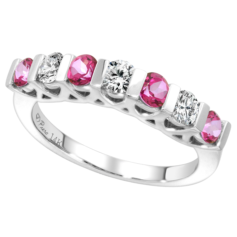 14k White Gold Genuine Pink Topaz and Diamond 7-Stone Ring Round Brilliant cut 0.35cttw 3mm, size 5-10