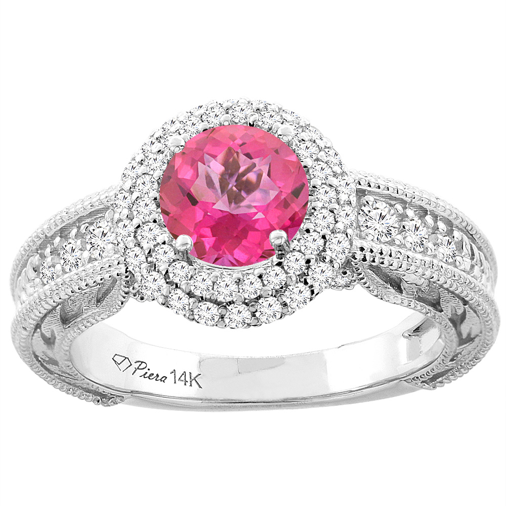 14K White Gold Natural Pink Topaz & Diamond Halo Ring Round 6 mm, sizes 5-10
