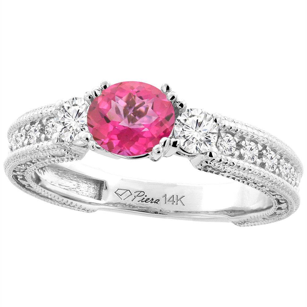 14K White Gold Natural Pink Topaz & Diamond Ring Round 6 mm, sizes 5-10