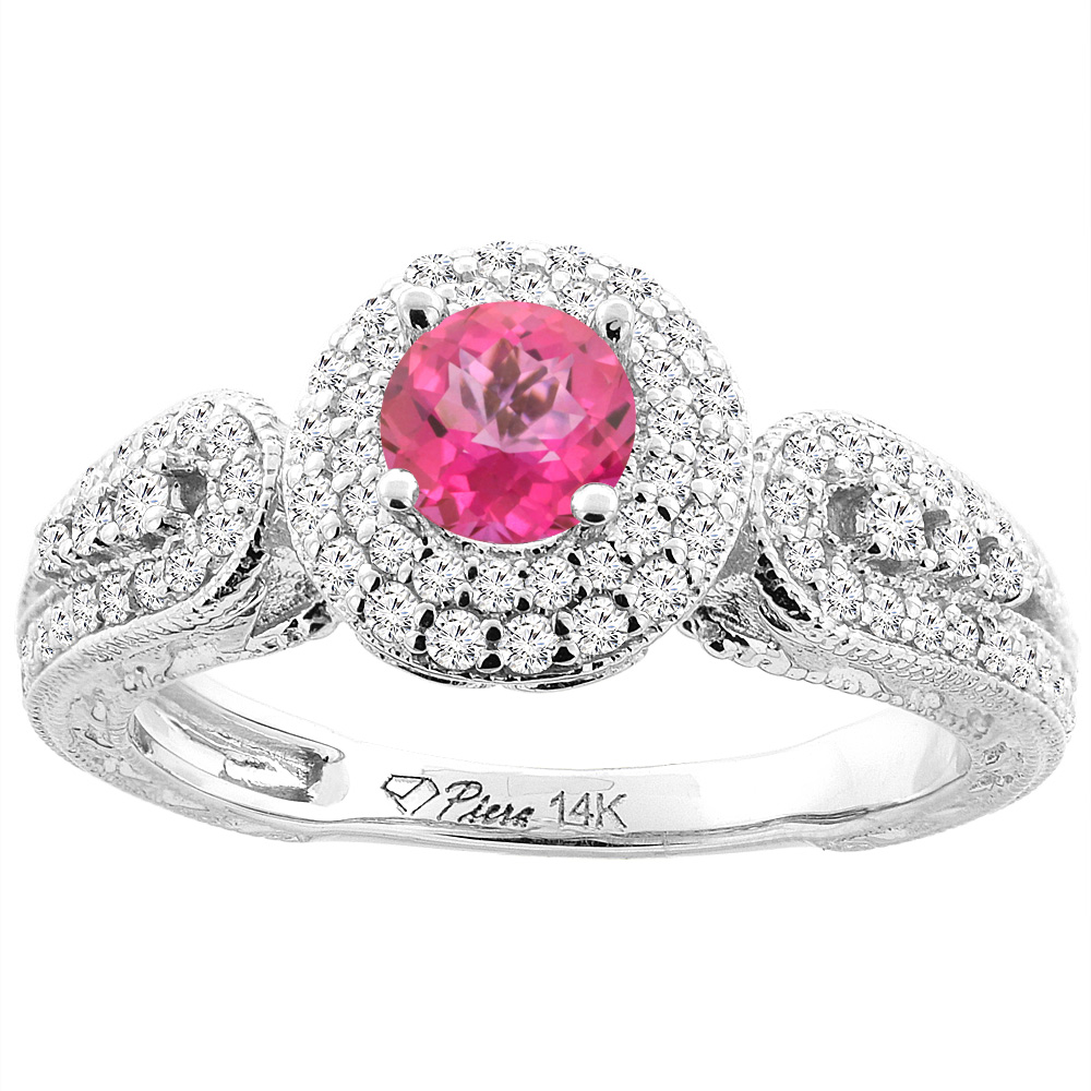 14K White Gold Natural Pink Topaz & Diamond Halo Ring Round 5 mm, sizes 5-10