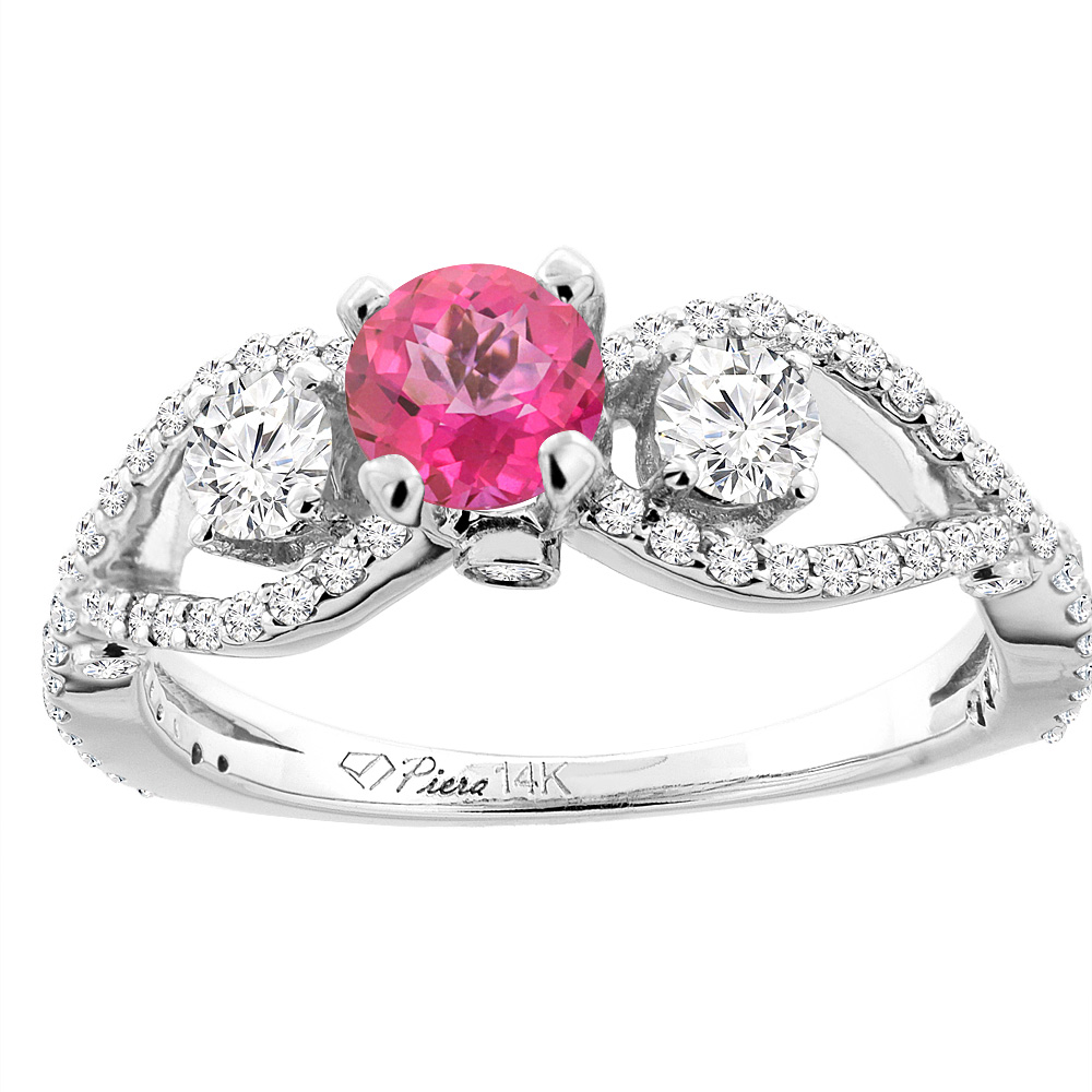 14K White Gold Natural Pink Topaz & Diamond Ring Round 6 mm, sizes 5-10