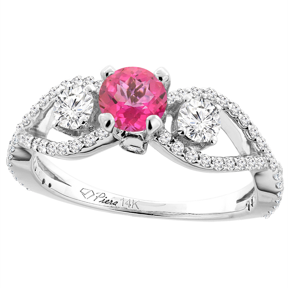 14K White Gold Natural Pink Topaz & Diamond Ring Round 6 mm, sizes 5-10