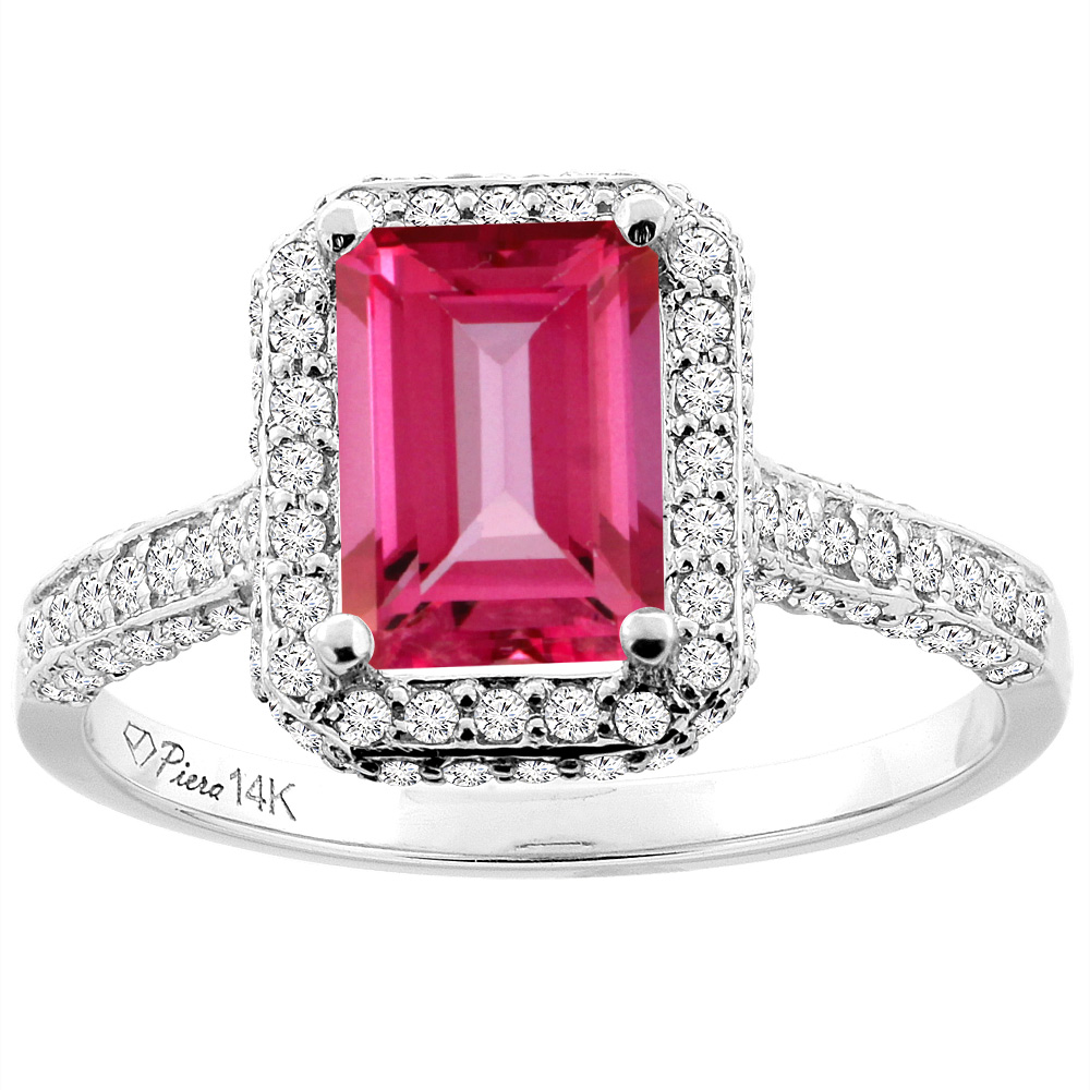 14K White Gold Natural Pink Topaz Engagement Ring Octagon 8x6 mm, sizes 5-10