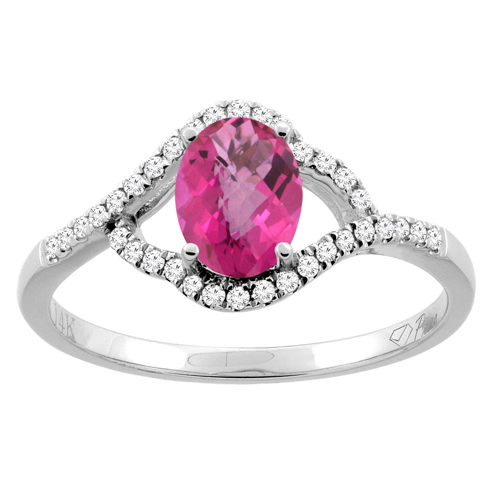 14K Gold Diamond Natural Pink Topaz Engagement Ring Oval 7x5 mm, sizes 5 - 10