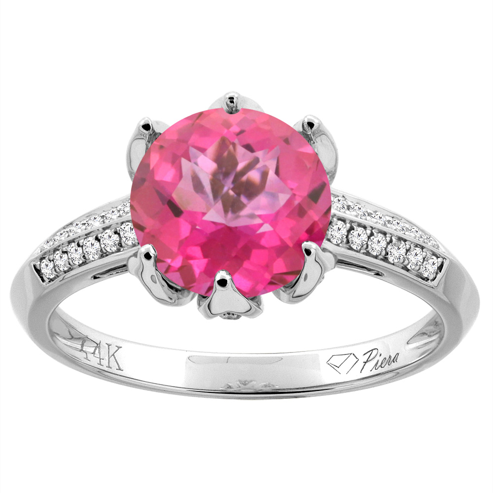 14K Gold Natural Pink Topaz Ring Round 8 mm Diamond Accents, sizes 5 - 10