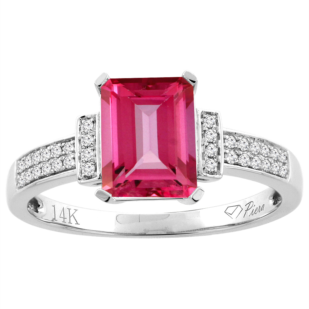 14K Gold Natural Pink Topaz Ring Octagon 8x6 mm Diamond Accents, sizes 5 - 10