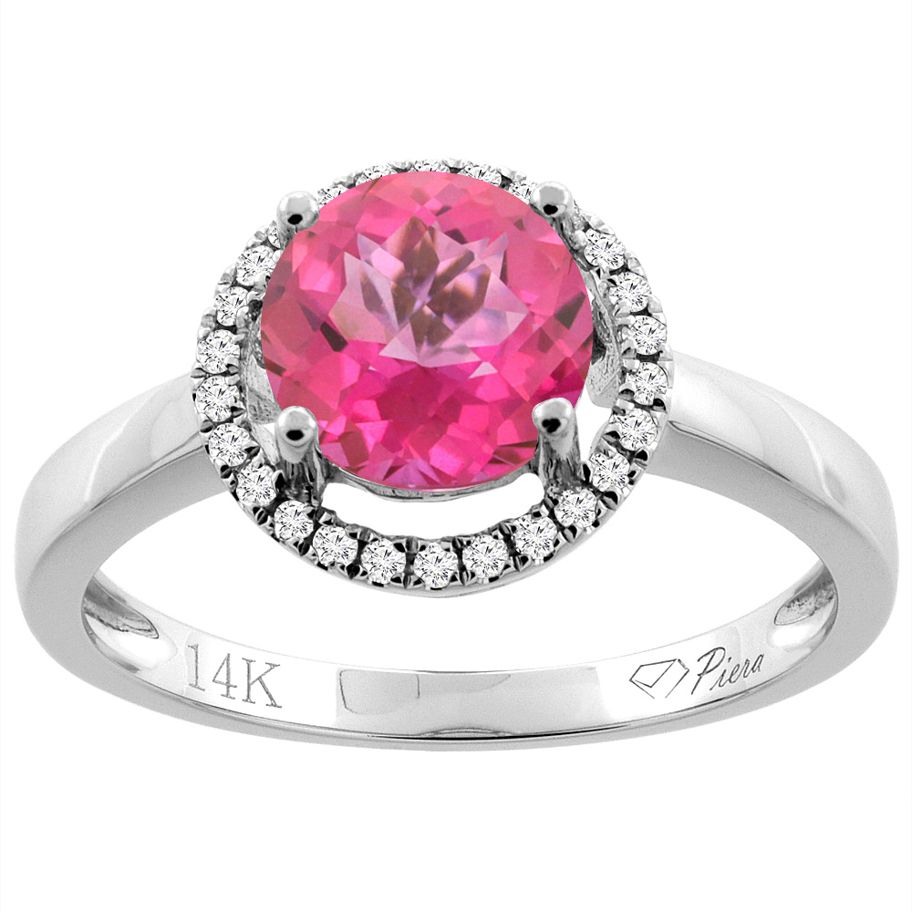 14K Gold Natural Pink Topaz Ring Round 7 mm Diamond Accents, sizes 5 - 10