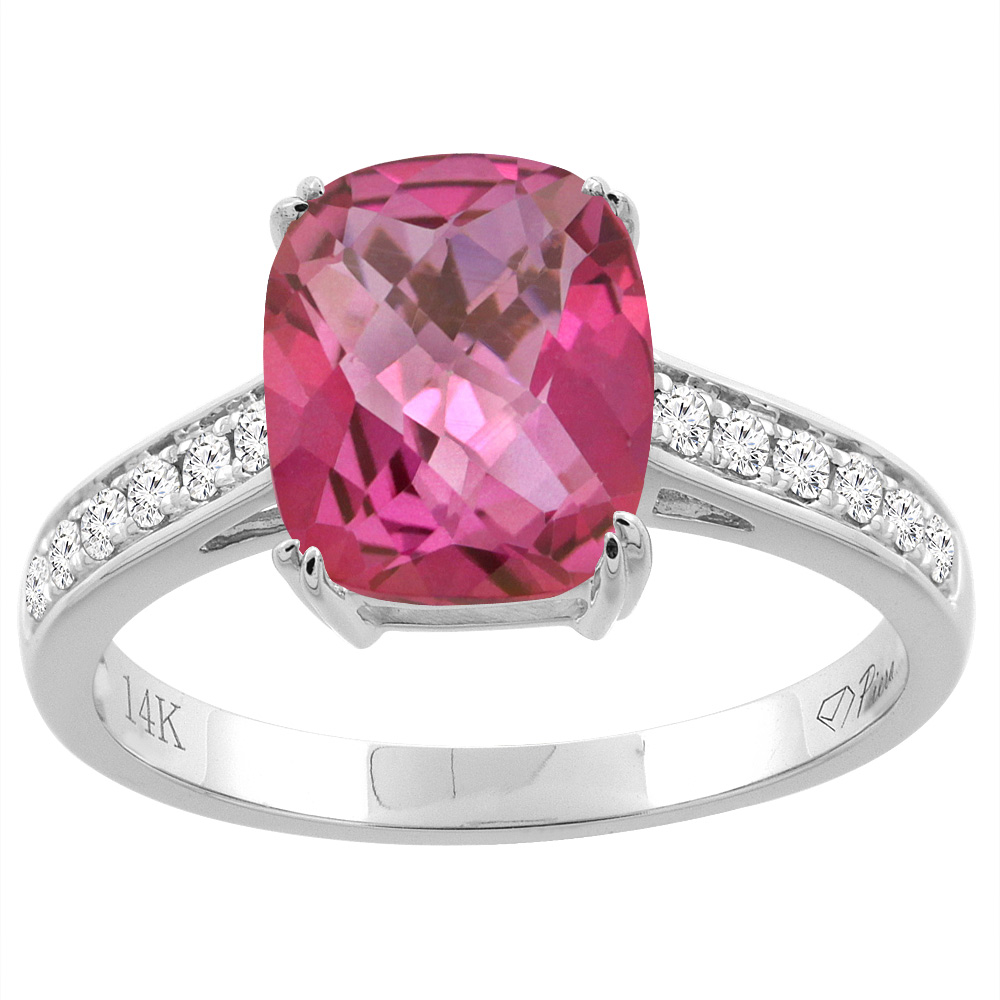 14K Gold Natural Pink Topaz Ring Cushion Cut 9x7 mm Diamond Accents, sizes 5 - 10