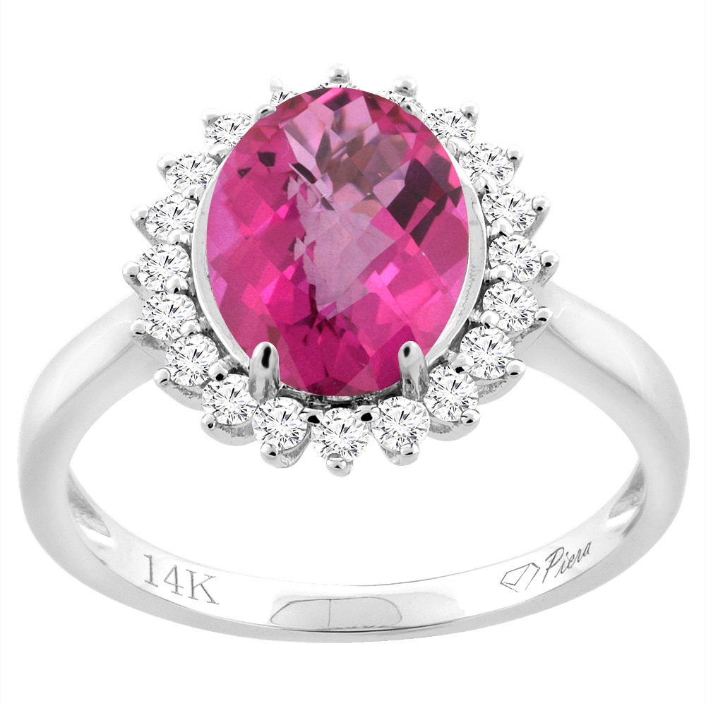 14K White Gold Diamond Natural Pink Topaz Engagement Ring Oval 10x8mm, sizes 5-10