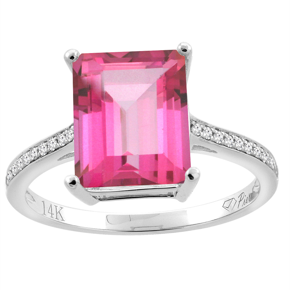 14K Gold Natural Pink Topaz Ring Octagon 10x8 mm Diamond Accents, sizes 5 - 10