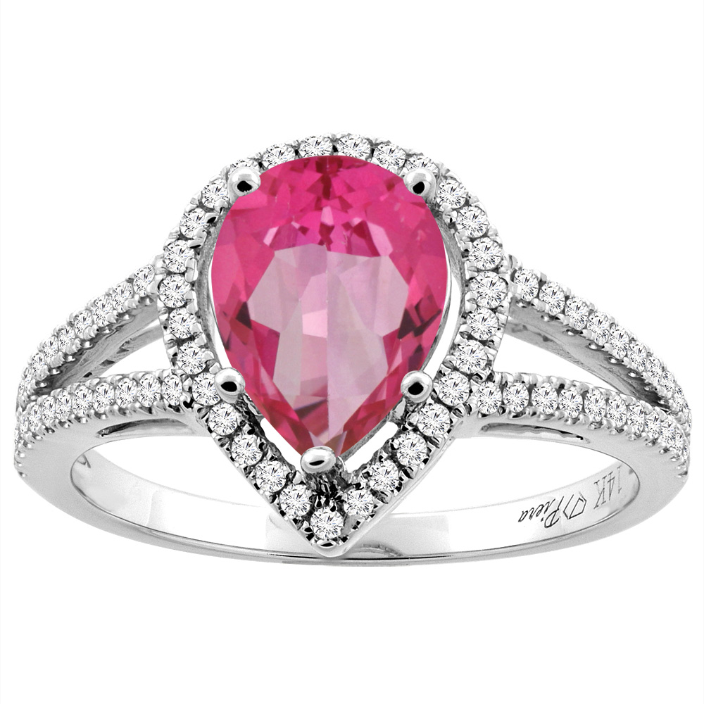14K Gold Natural Pink Topaz Ring Pear Shape 9x7 mm Diamond Accents, sizes 5 - 10