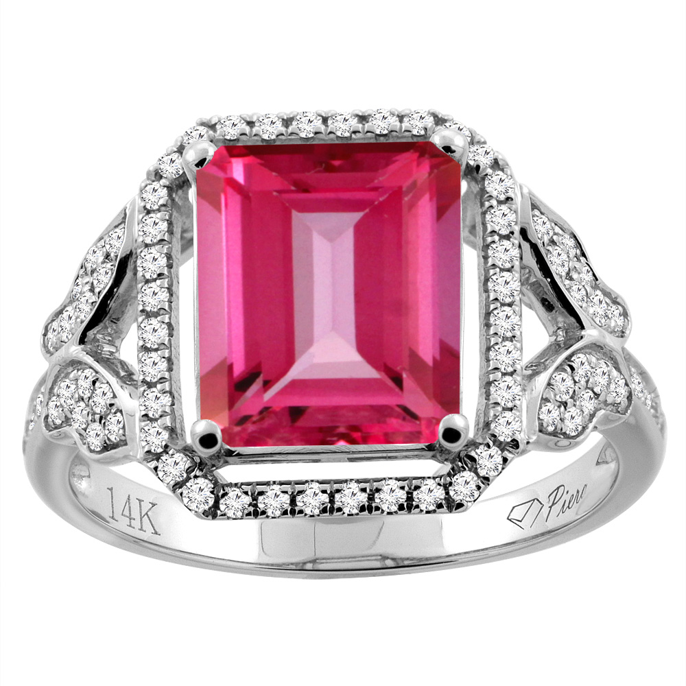 14K Gold Natural Pink Topaz Ring Octagon Shape 10x8 mm Diamond Accents, sizes 5 - 10