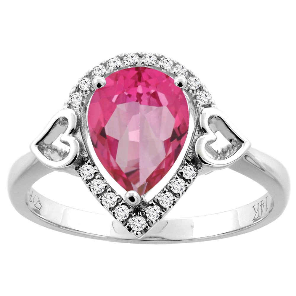 14K Gold Natural Pink Topaz Ring Pear Shape 9x7 mm Diamond Accents, sizes 5 - 10
