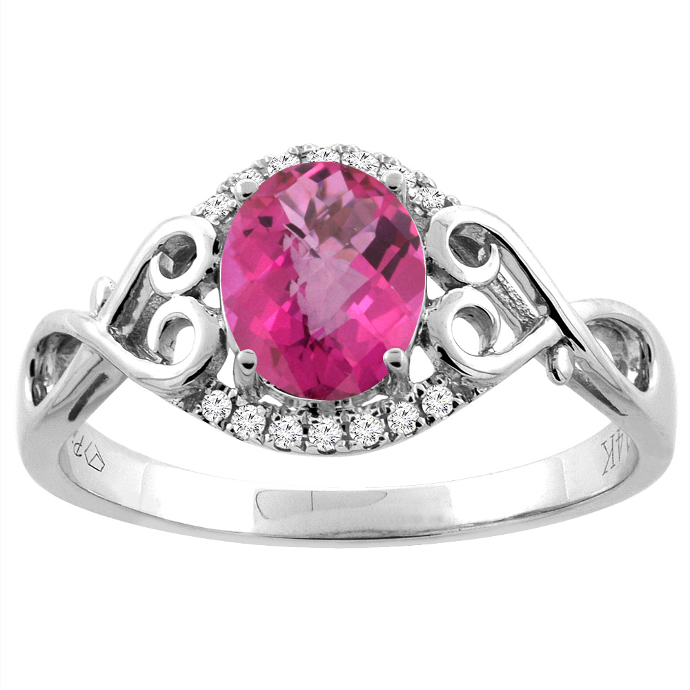 14K Gold Natural Pink Topaz Ring Oval 8x6 mm Diamond & Heart Accents, sizes 5 - 10
