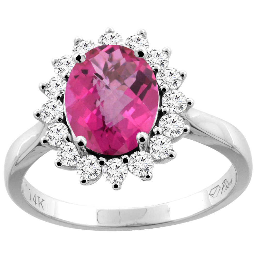 14K Gold Natural Pink Topaz Ring Oval 9x7 mm Diamond Accents, sizes 5 - 10