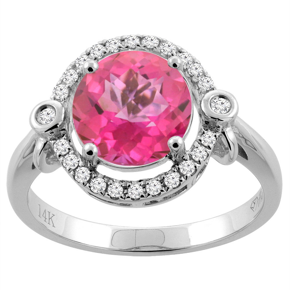 14K White Gold Diamond Natural Pink Topaz Engagement Ring Oval 10x8mm, sizes 5-10