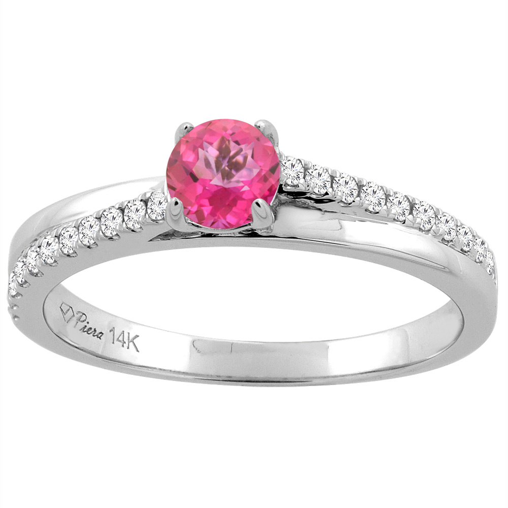 14K White Gold Natural Pink Topaz Engagement Ring Round 5 mm & Diamond Accents, sizes 5 - 10