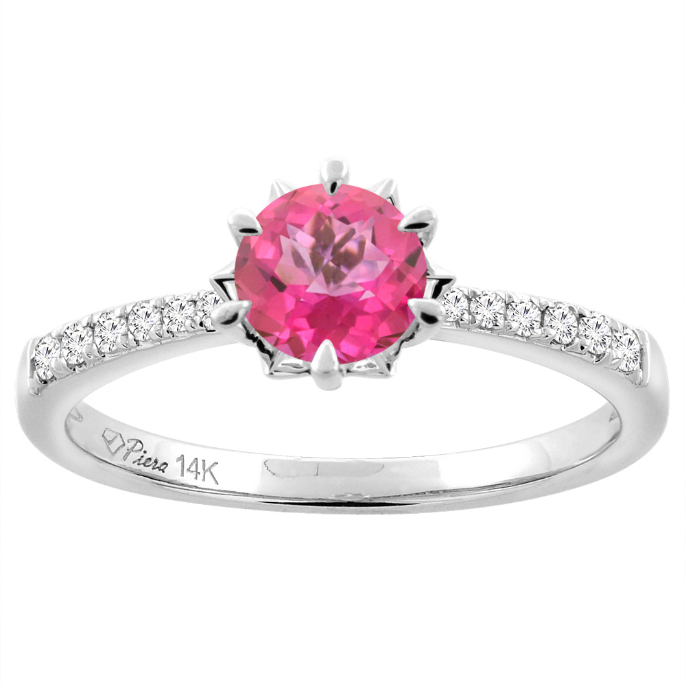 14K White Gold Natural Pink Topaz Engagement Ring Round 6 mm & Diamond Accents, sizes 5 - 10