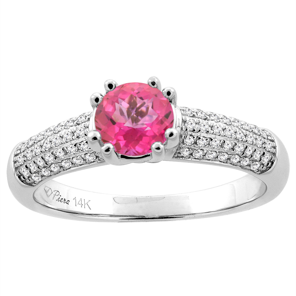 14K White Gold Natural Pink Topaz Engagement Ring Round 6 mm & Diamond Accents, sizes 5 - 10