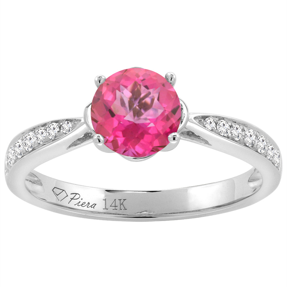 14K White Gold Diamond Natural Pink Topaz Engagement Ring Round 7 mm, sizes 5-10
