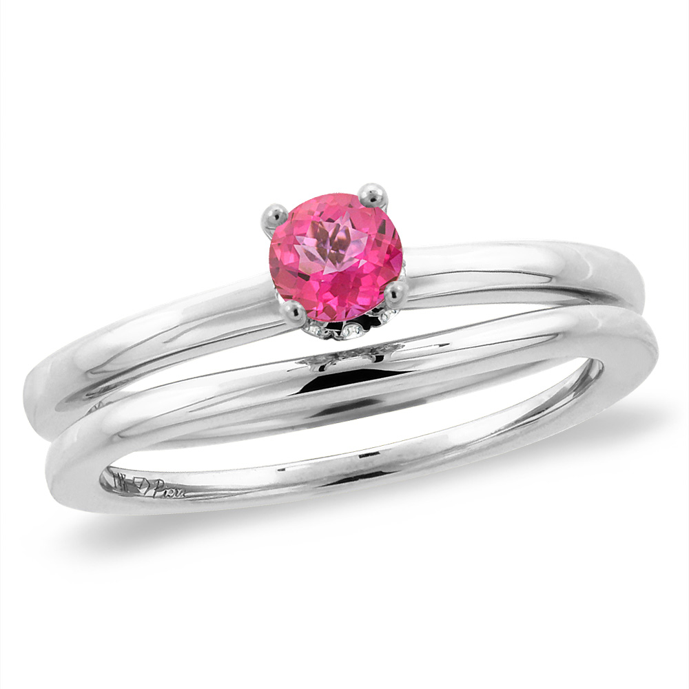 14K White Gold Diamond Natural Pink Topaz 2pc Solitaire Engagement Ring Set Round 6 mm, sizes 5-10