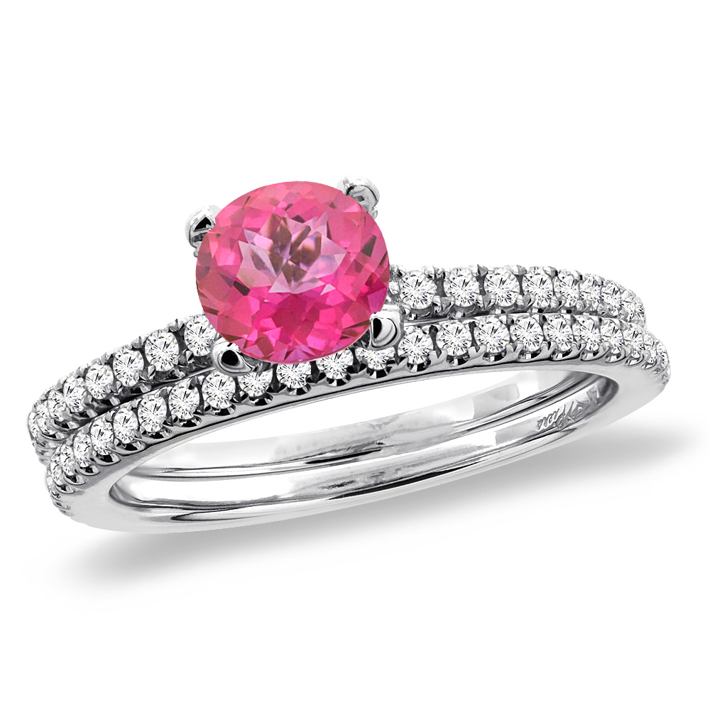 14K White Gold Diamond Natural Pink Topaz 2pc Engagement Ring Set Round 5 mm, sizes 5-10