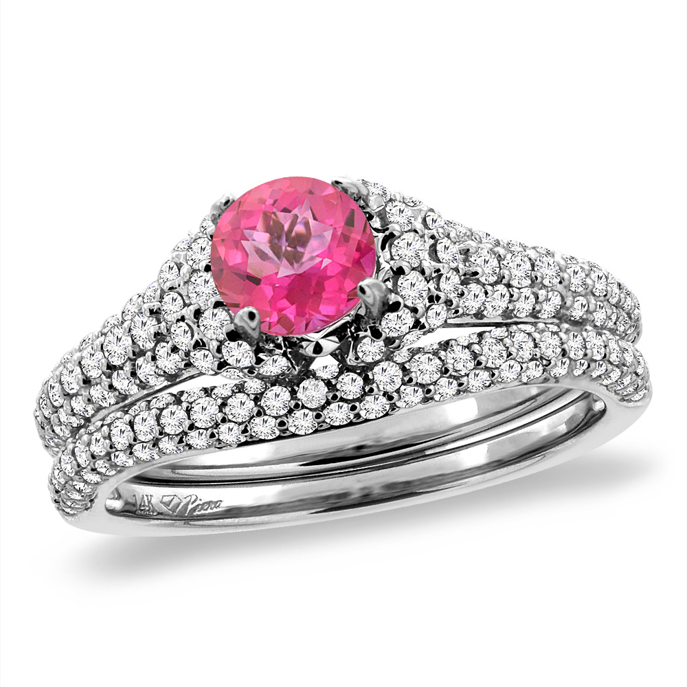 14K White Gold Diamond Natural Pink Topaz 2pc Engagement Ring Set Round 5 mm, sizes 5-10