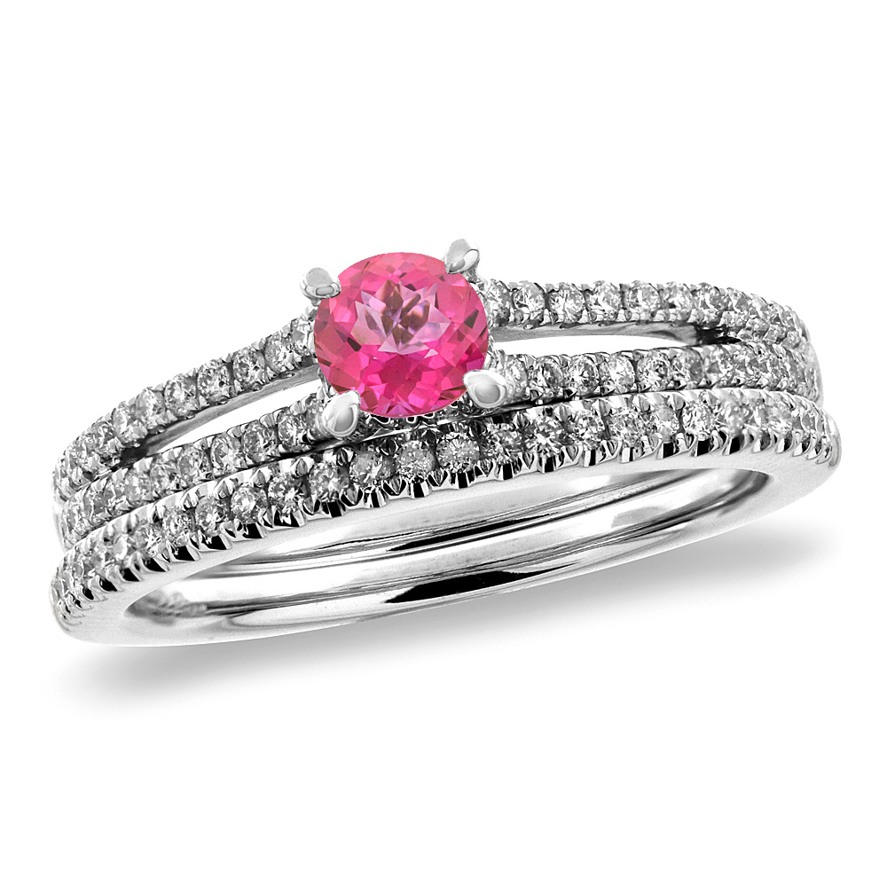 14K White Gold Diamond Natural Pink Topaz 2pc Engagement Ring Set Round 5 mm, sizes 5-10