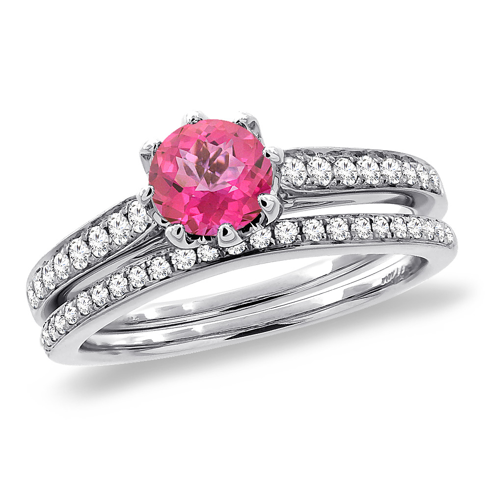 14K White Gold Diamond Natural Pink Topaz 2pc Engagement Ring Set Round 5 mm, sizes 5-10