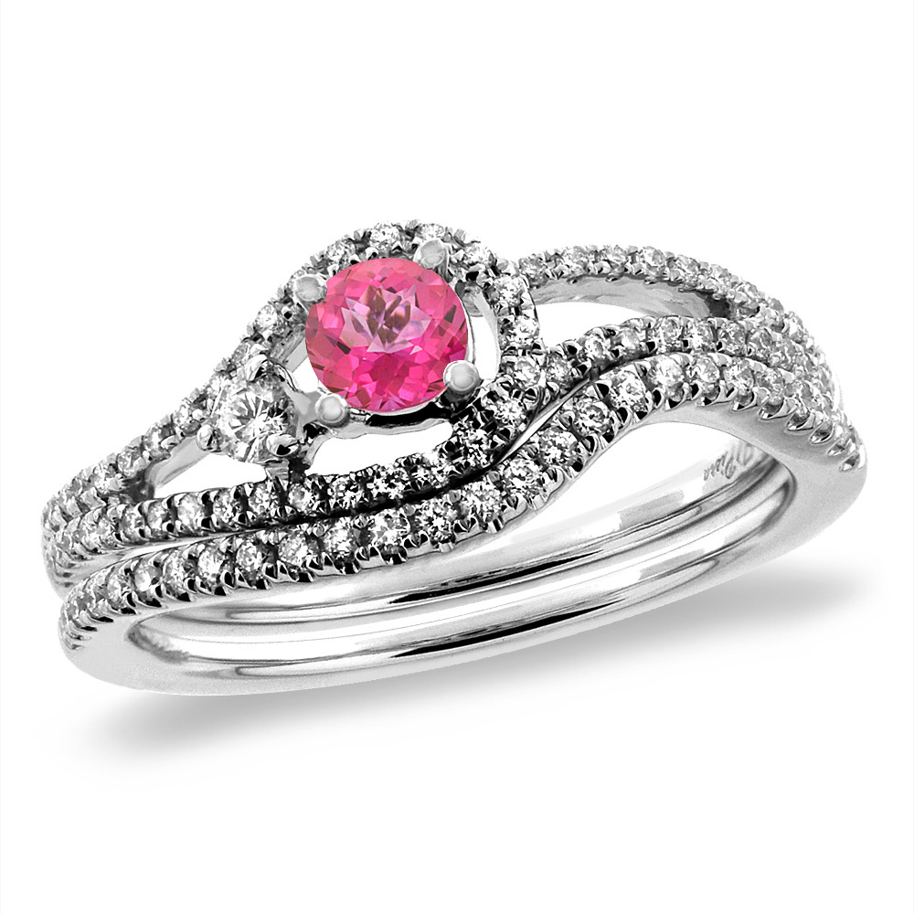 14K White Gold Diamond Natural Pink Topaz 2pc Engagement Ring Set Round 5 mm, sizes 5-10