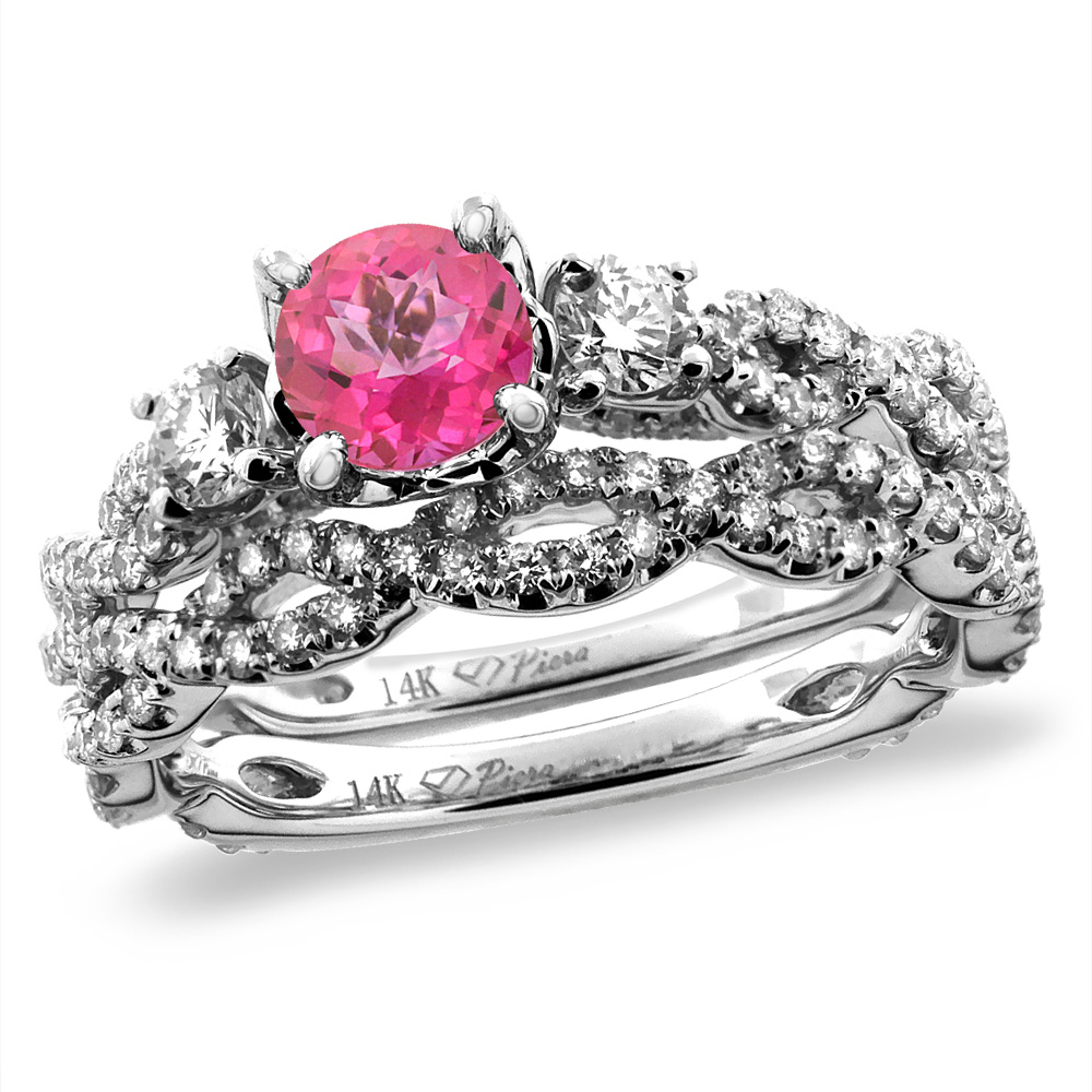 14K White/Yellow Gold Diamond Natural Pink Topaz 2pc Infinity Engagement Ring Set Round 5 mm, sizes 5-10