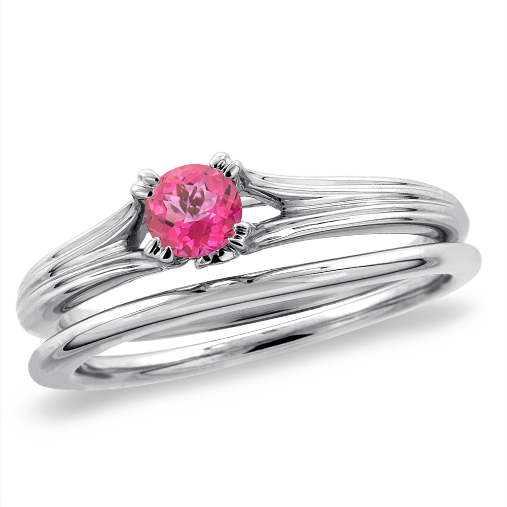 14K White Gold Diamond Natural Pink Topaz 2pc Solitaire Engagement Ring Set Round 4 mm, size5-10