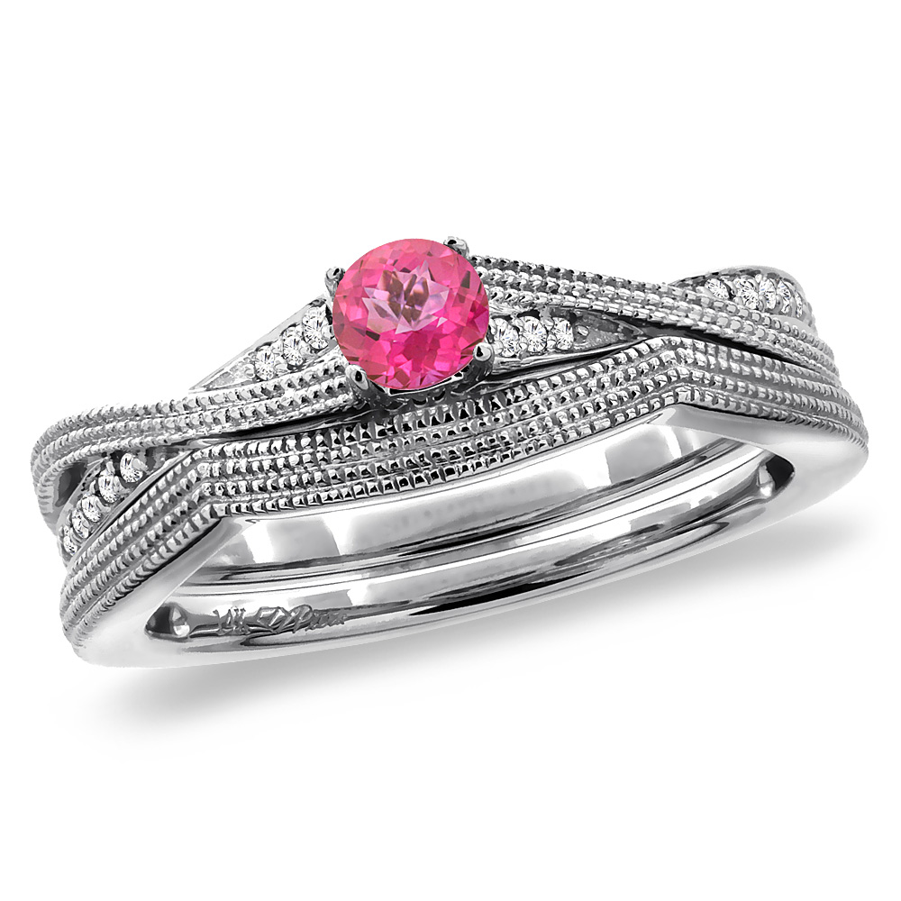 14K White Gold Diamond Natural Pink Topaz 2pc Engagement Ring Set Round 4 mm, sizes 5 - 10