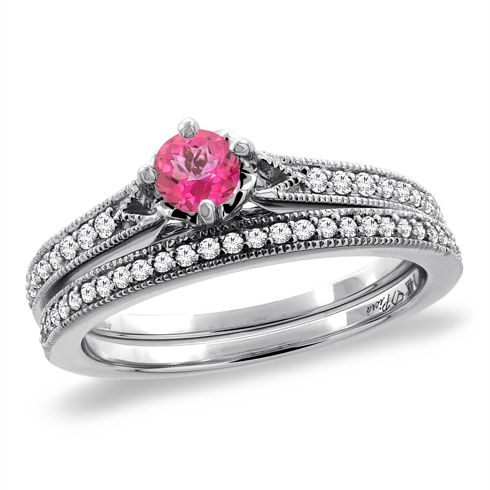 14K White Gold Diamond Natural Pink Topaz 2pc Engagement Ring Set Round 4 mm, sizes 5 - 10